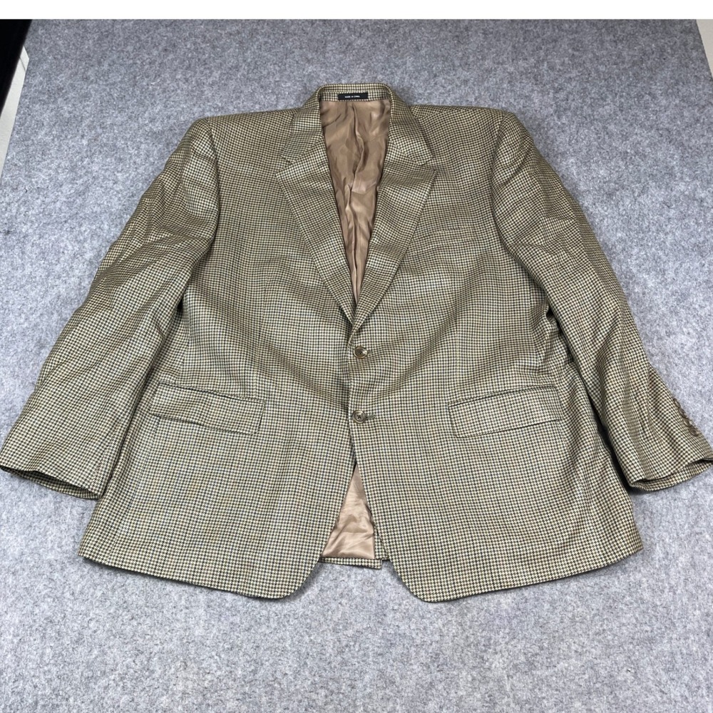 Chaps Silk Houndstooth Blazer Mens 48R Tan Brown Plaid Sport Coat 2 Button